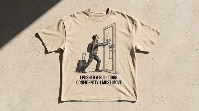 Sand heavyweight tee, ink drawing of a man with a backpack and a rolling suitcase shoving a door marked PULL