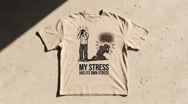 Sand tee, ink drawing of a man gripping his head beside a scribbled ball of stress with a smaller figure gripping its head inside it