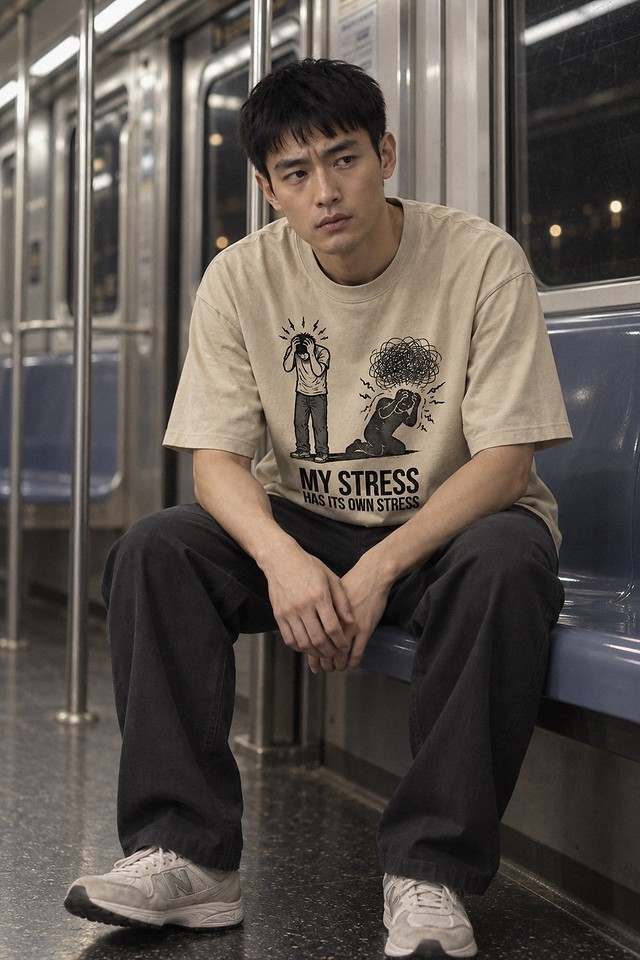 The shirt worn on a late-night train, seated forward with elbows on knees