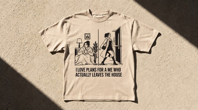 Sand tee, ink drawing of a woman wrapped in a blanket on a sofa with a mug, and the same woman dressed up striding out of the front door