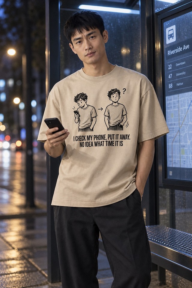 The shirt worn at a bus stop in the rain, phone in hand and eyes off it