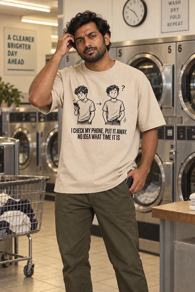 The shirt worn in a laundromat under a wall clock, scratching a temple