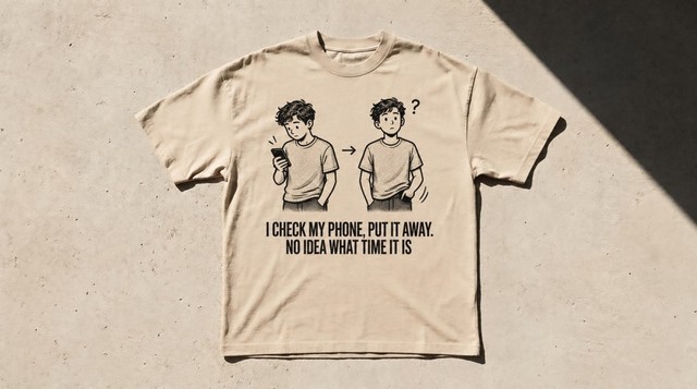 Sand tee, ink drawing of the same man twice: absorbed in his phone, then standing blank with a question mark above his head