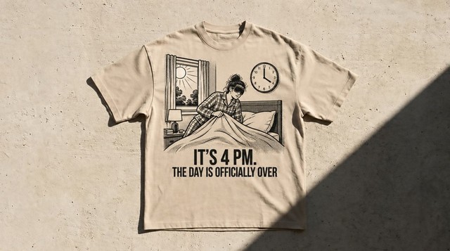 Sand heavyweight tee printed with an ink drawing of someone still in bed under a duvet, bright sun at the window and a wall clock reading four, above the line: It's 4 PM, the day is officially over