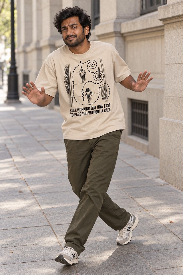 The shirt worn on a pavement, both hands up, sidestepping nobody