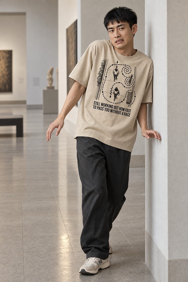 The shirt worn in a museum corridor, pressed hard to one side of the walkway