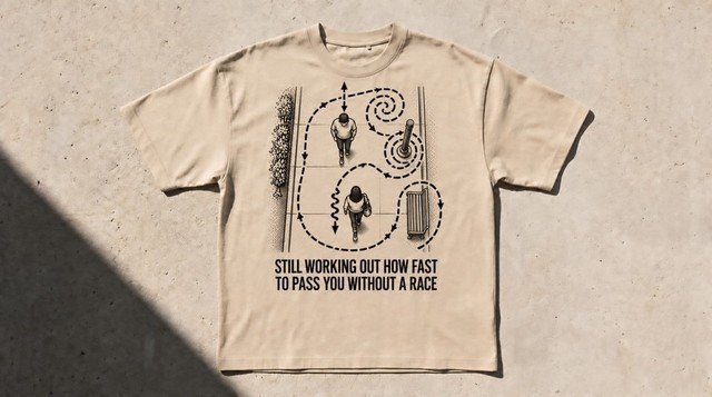 Sand tee, ink drawing seen from above of two people on a pavement and the looping dashed paths they trace around each other