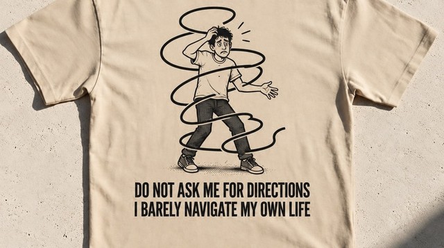 Sand tee, ink drawing of a man tangled in long swirling looping lines, one hand on his head