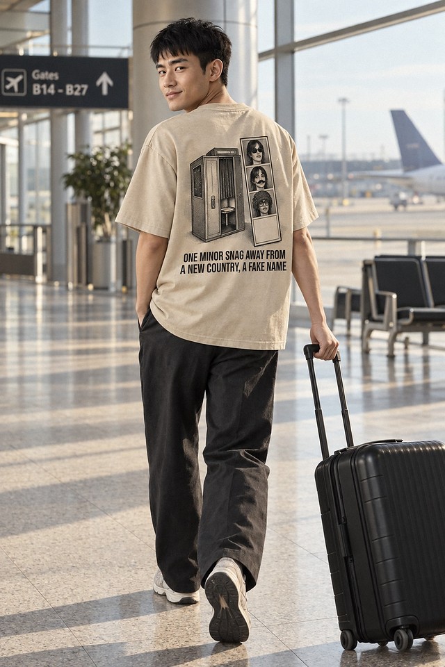 The shirt worn in an airport terminal, wheeling a case past the departure gates