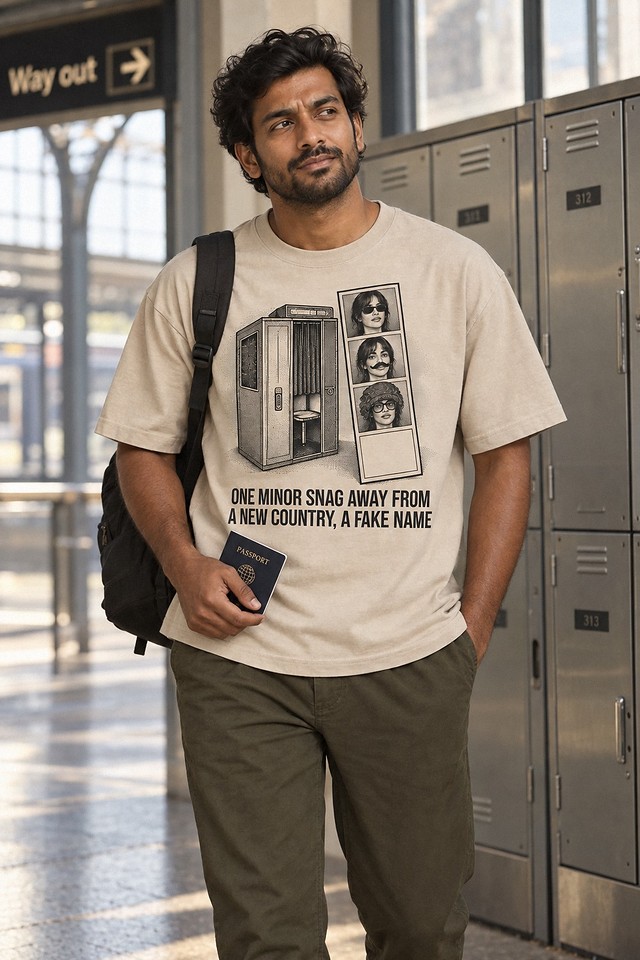 The shirt worn at a bank of station lockers with a passport in hand