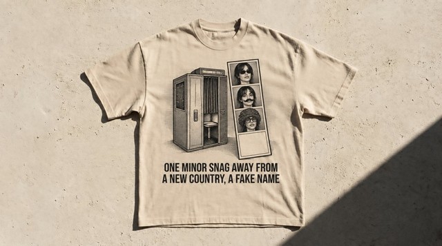 Sand tee, ink drawing of a photo booth beside a photo strip showing the same person in three different disguises