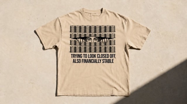 Sand tee, ink drawing of a pair of eyes peering over a wall of stacked coins, hands gripping the stacks