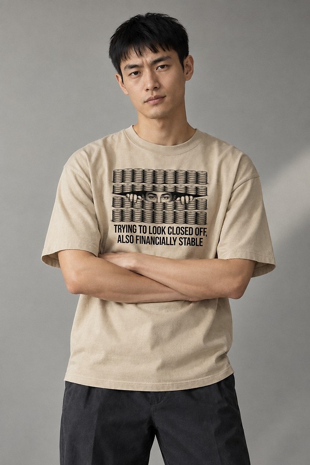 The shirt worn in a grey studio with folded arms