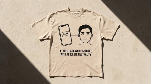 Sand tee, ink drawing of a phone showing a HAHA message bubble, connected by a line to a completely blank deadpan face