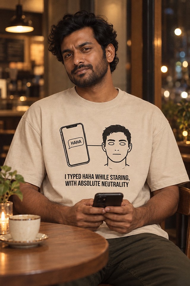 The shirt worn at a night cafe table, phone in both hands, not laughing
