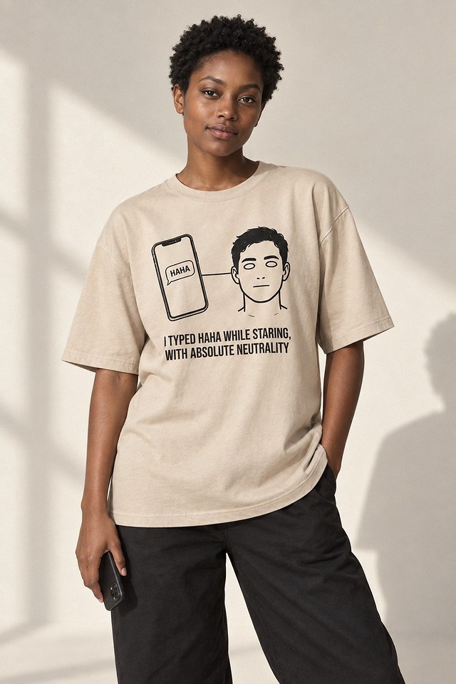 The shirt worn in a bright studio, phone held at one side, face flat