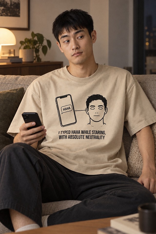 The shirt worn on a sofa in the evening, mid-message, deadpan